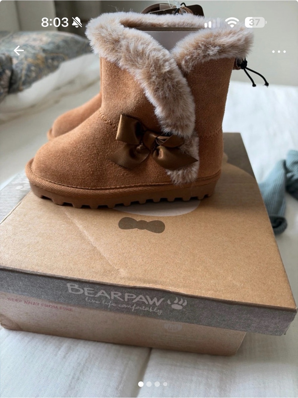 BearPaw Kids Chestnut Faux-Fur Trim Bow Boot